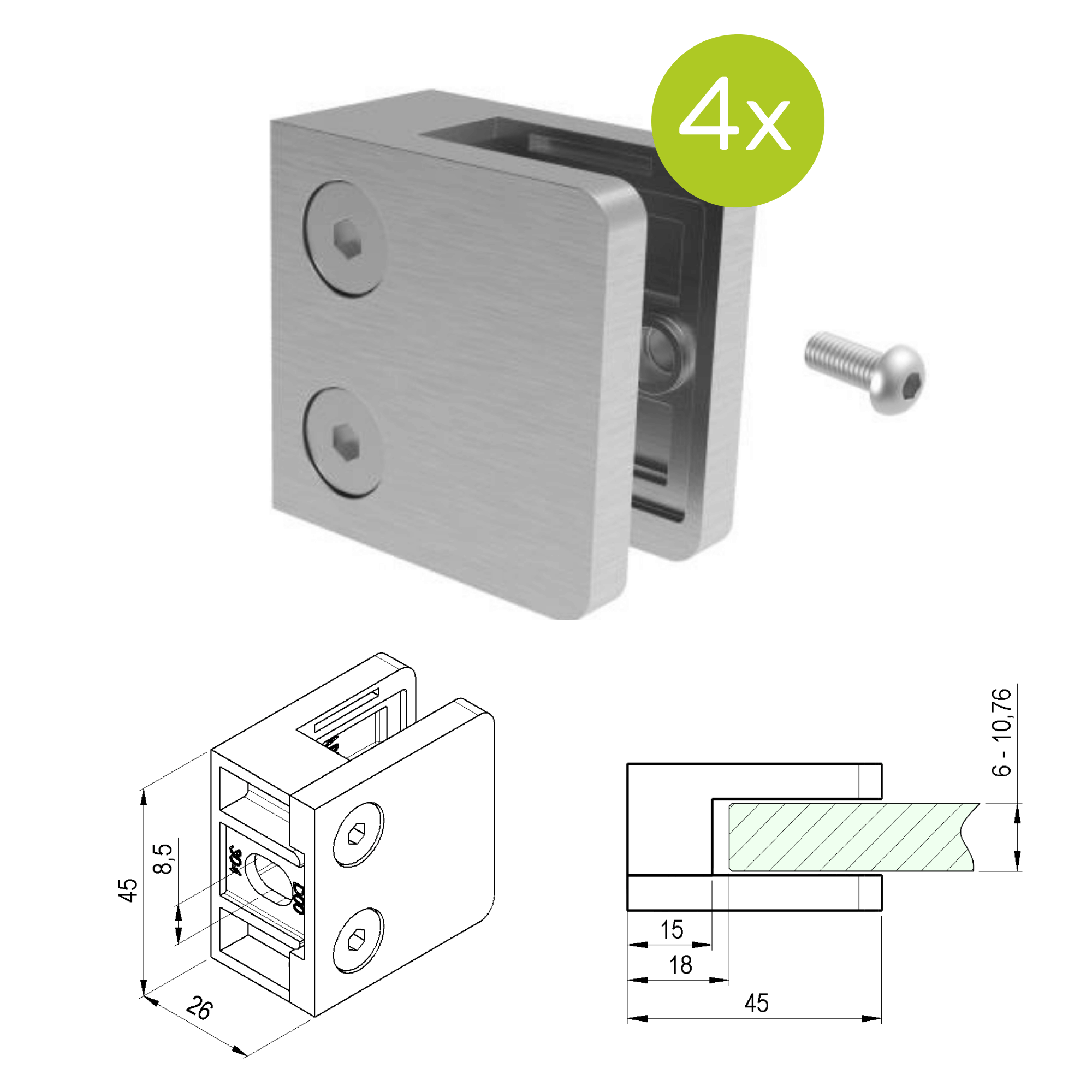 Glasklemme V2A fuer Glas 6 - 10-76 mm Flachanschluss geschliffen 4er Set-89-11A2300000SET4-A.4