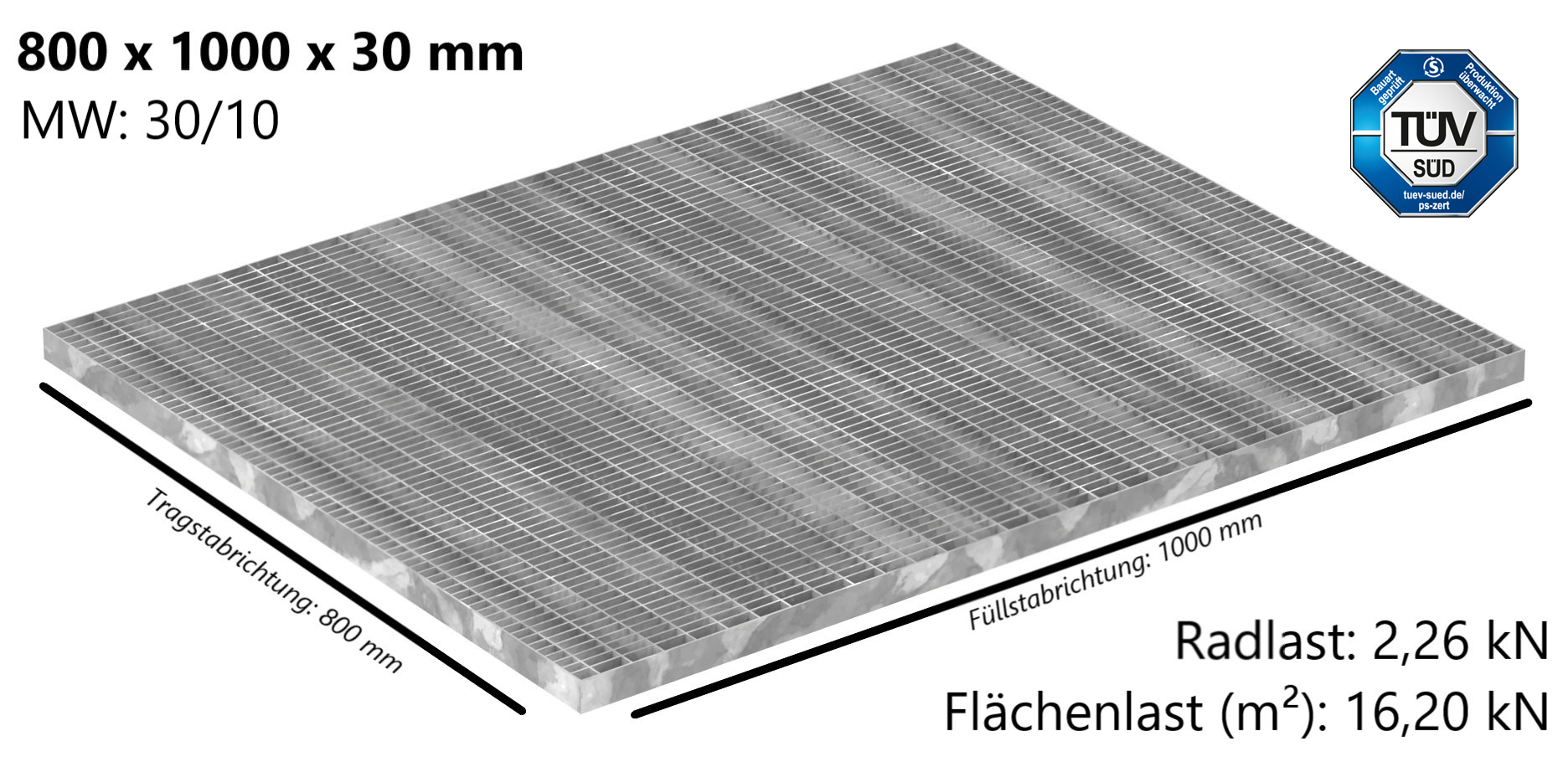 Industrie-Gitterrost | Maße: 800x1000x30 mm; MW 30/10 mm; 30/2 mm | S235JR (St37-2), im Vollbad feuerverzinkt