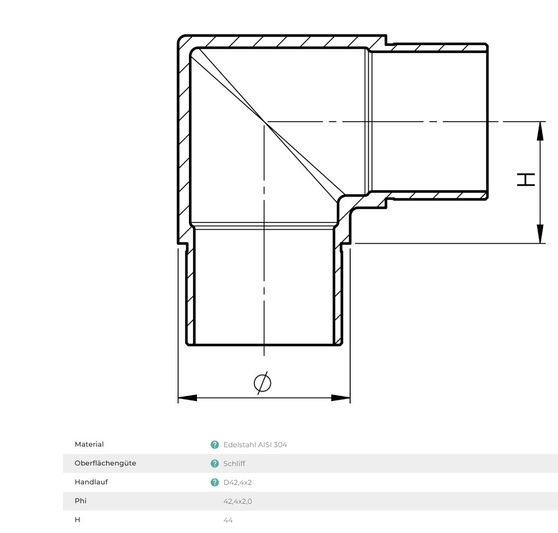 Edelstahl Eckbogen 90° spitz Ø 42,4 x 2,0 mm V2A geschliffen AISI 304 – rostfrei, für innen & außen