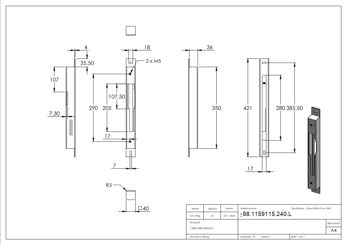 Gegenkasten Edelstahl V2A- geschliffen Korn 240- 40 mm- Abstand 72-92 mm- DIN Links-88-1159115-240.L