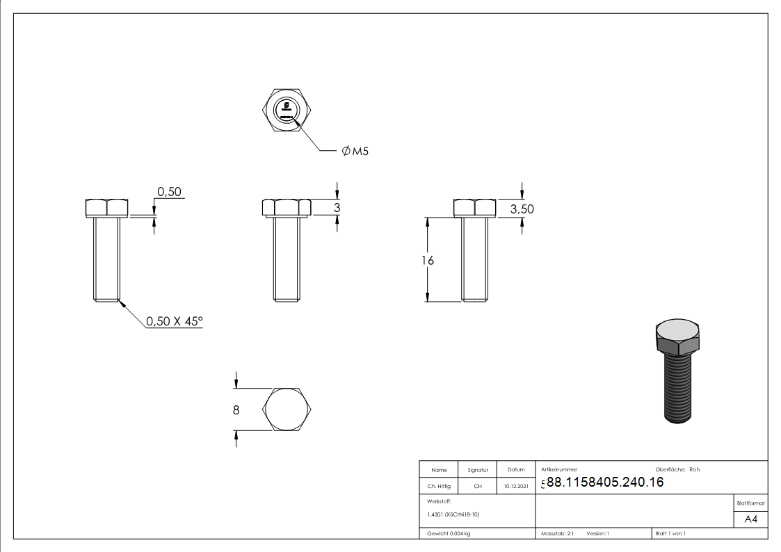 Sechskantschraube M5 x 16, A2, DIN 933