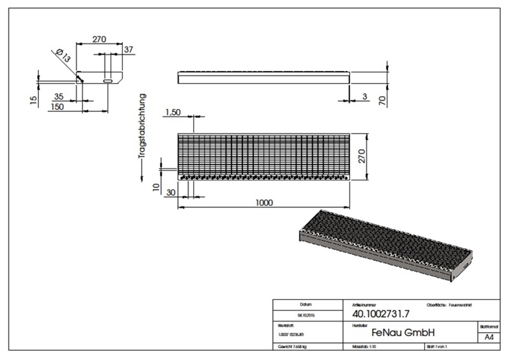 Gitterroststufe Treppenstufe Maße: 1000x270 mm 30/10 mm S235JR (St37-2), im Vollbad feuerverzinkt