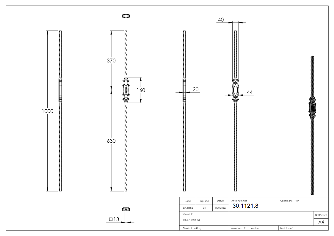 Zierstab | Länge: 900 mm | Material: 13x13 mm gehämmert | Stahl S235JR, roh