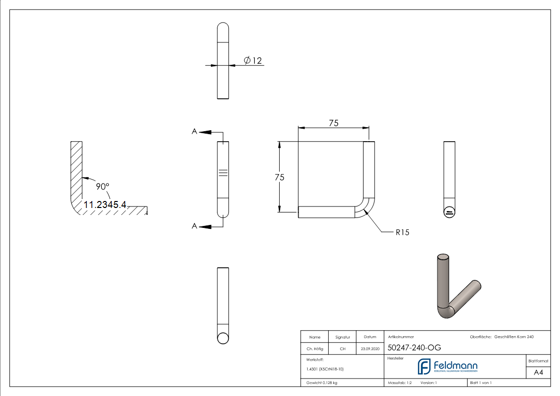Edelstahl Buegel Ø 12 mm - beidseitig zum Anschweissen -V2A-11-2345.4