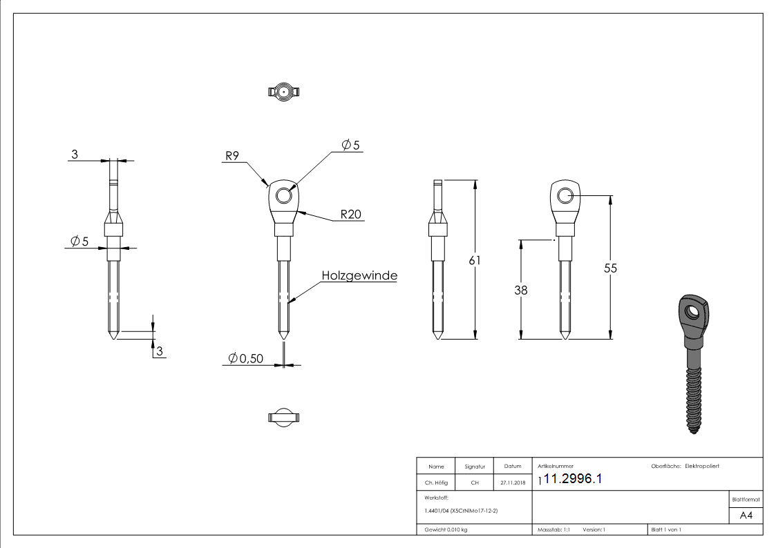 Augenschraube mit Holzgewinde M5 V4A