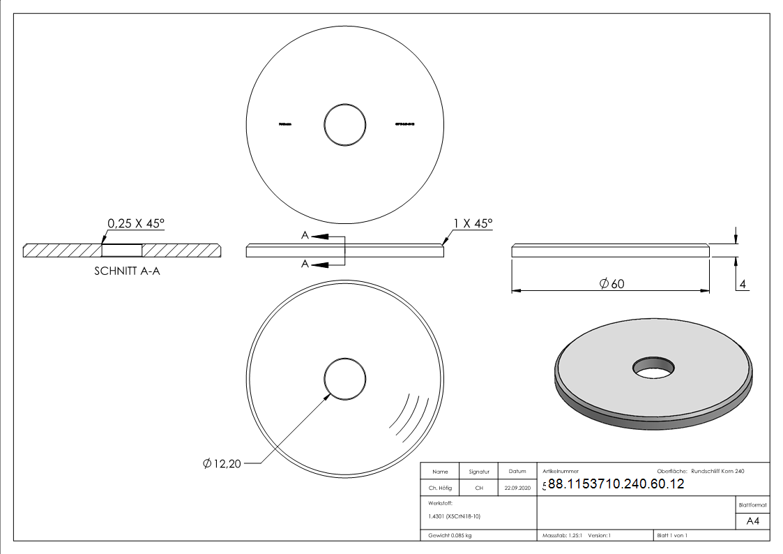 Ronde- Ø 60 x 4mm- mit Bohrung 12-2mm- V2A-88-1153710-240-60.12