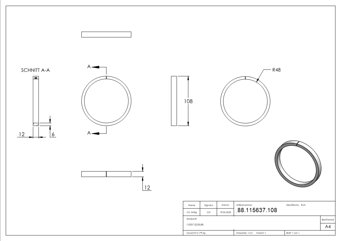 Ring 12x6mm; Außendurchmesser 108mm