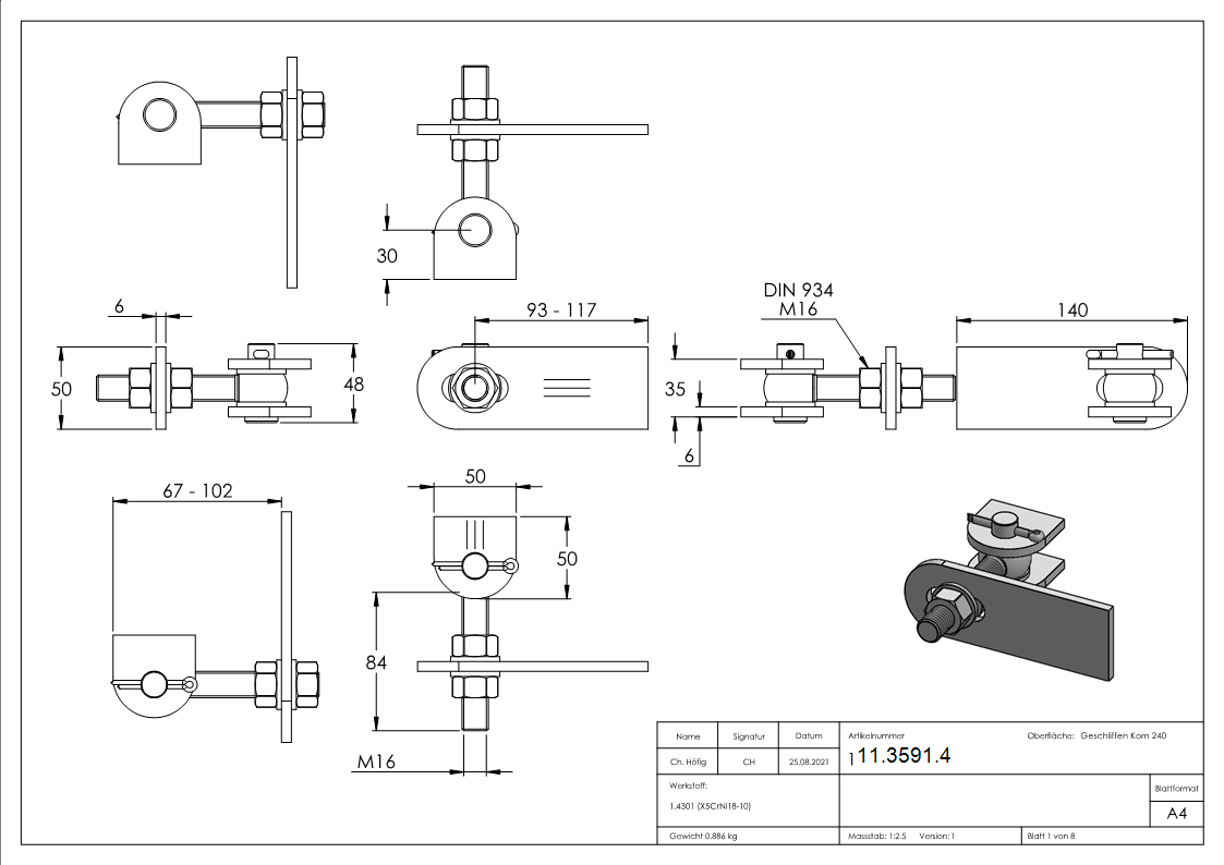 Torband | M16 | 180° | verstellbar | V2A