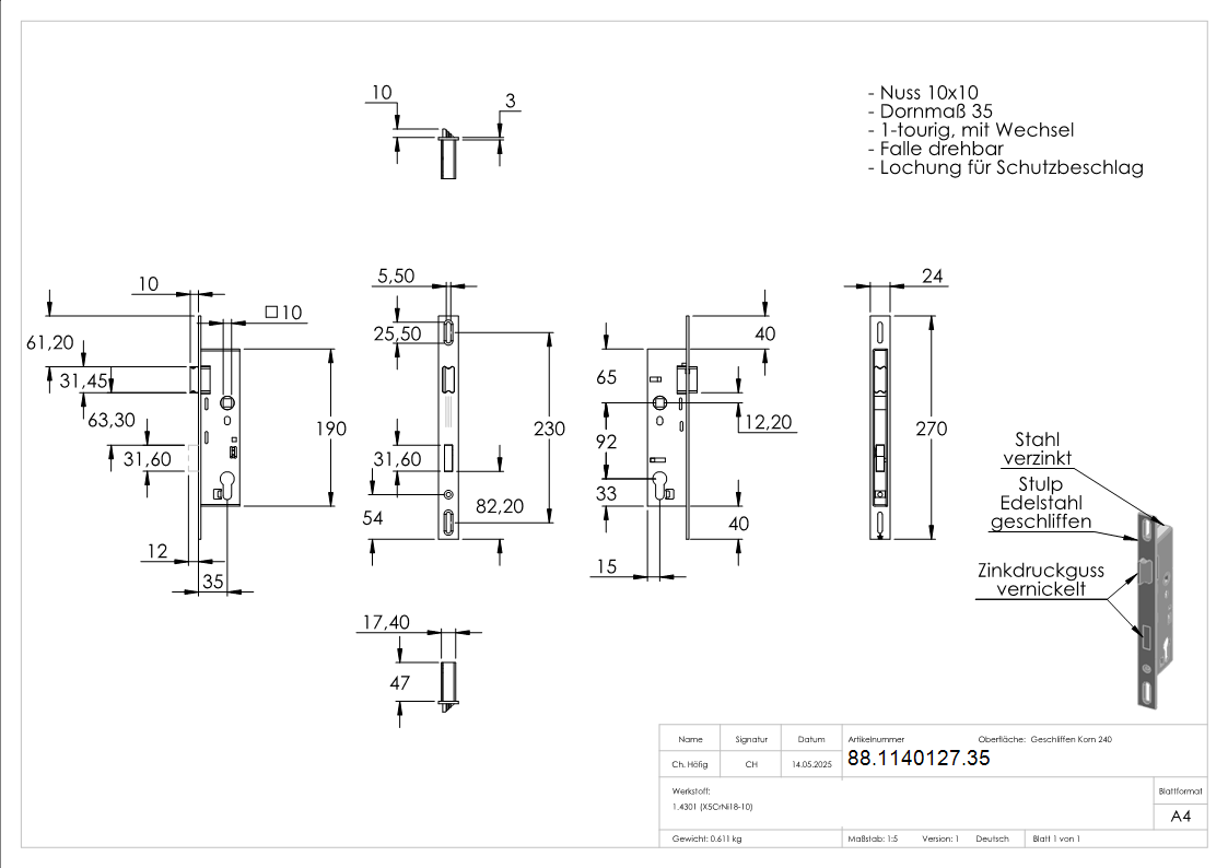 Rohrrahmenschloss verzinkt Edelstahl Dornmass 35 mm Abstand 92 mm Nuss 10 mm mit Langloch-88-1140127.35