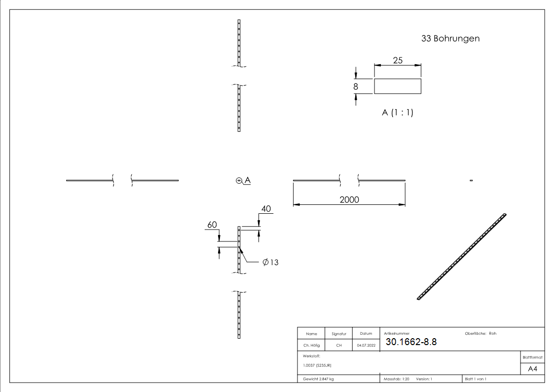 Flacheisen gelocht Länge: 2000 mm 33 Lochungen Stahl (Roh) S235JR