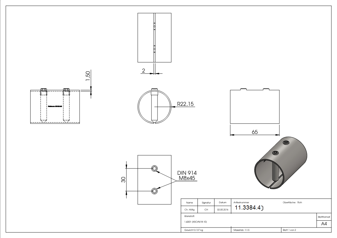 Verbindungshuelse fuer Rundrohr Ø 48-3x2-0 mm V2A-11-3384.4