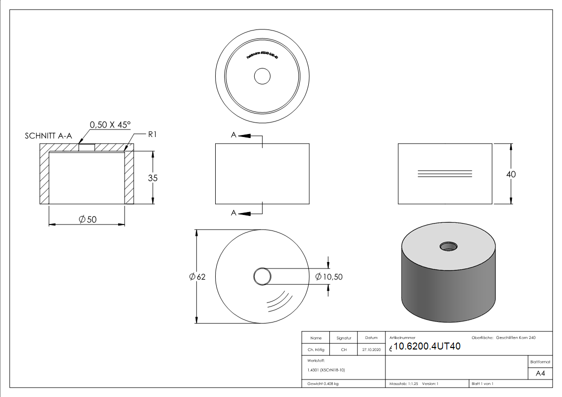 Glas-Punkthalter Ø 62 mm Unterteil | Höhe 40 mm | V2A