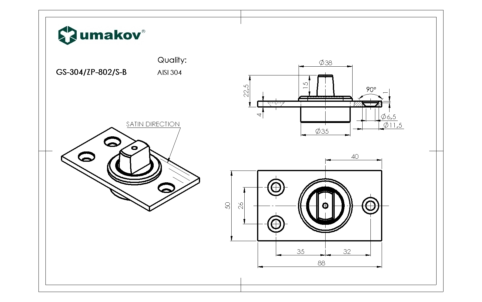 Edelstahl Bodenlager mit Zapfen fuer Tor - Tuer Scharniere- geschliffen-89-11GS304ZP802SB-A.4