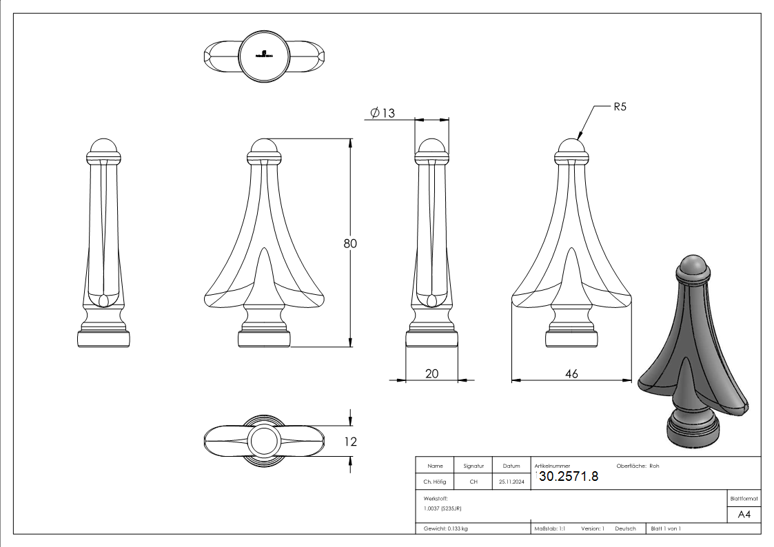 Zaunspitze - Hoehe- 80 mm - Material- Ø 20 mm - Stahl S235JR- roh-30-2571.8