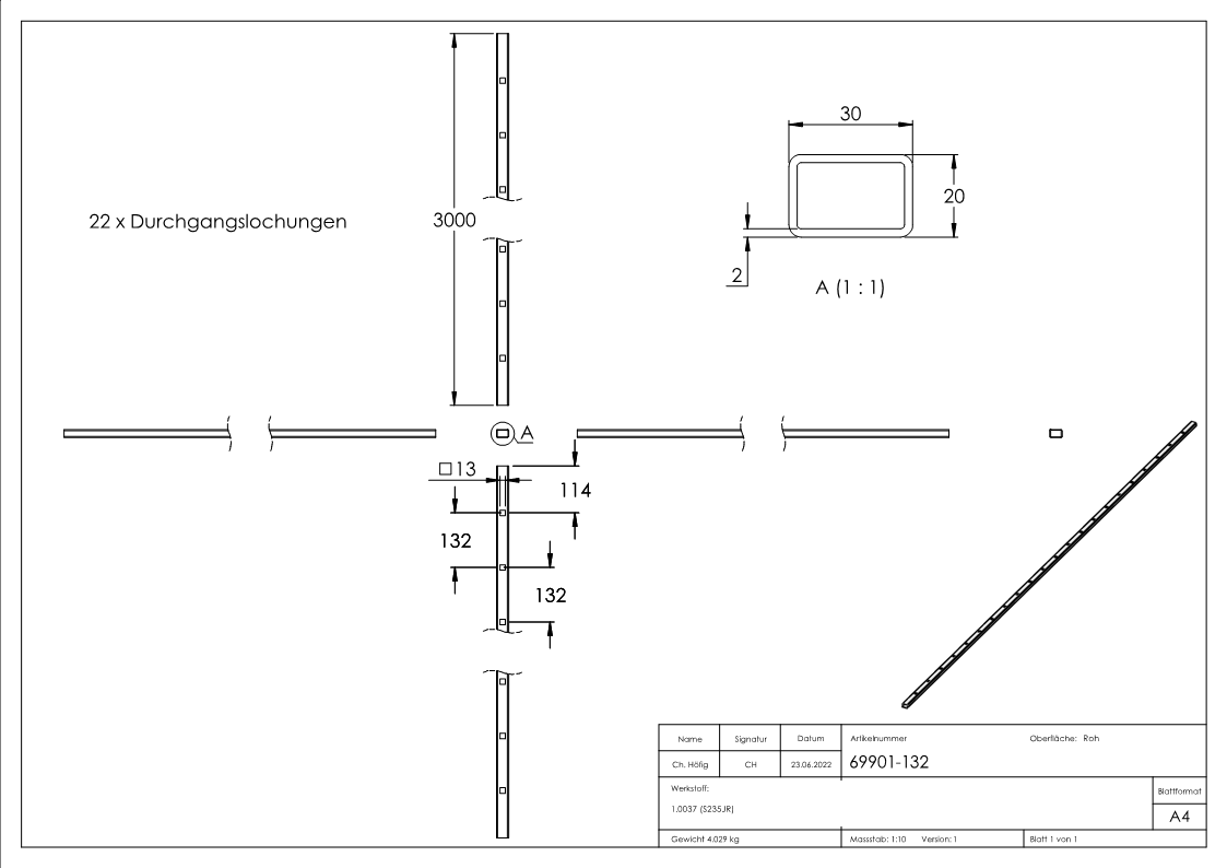 Rechteckrohr 30 x 20 x 2mm, gelocht für Vierkant 12mm mit Abstand Mitte-Mitte 132mm, Länge 3m
