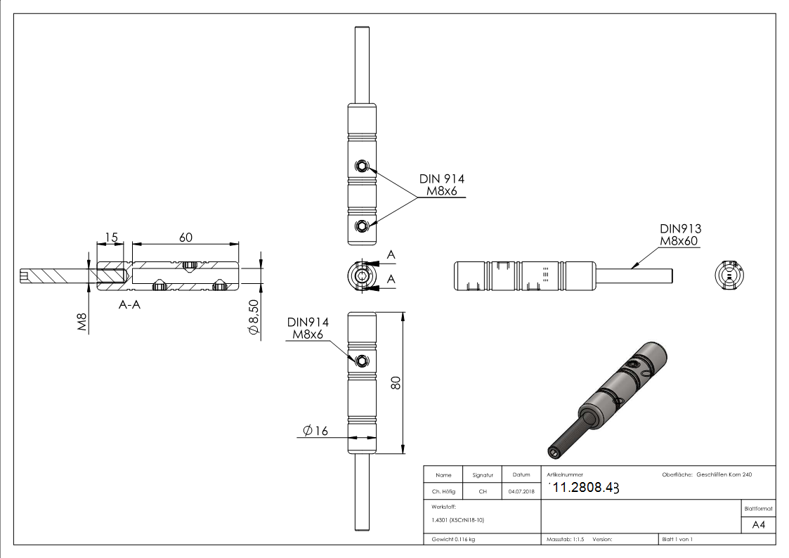Gewindeterminal zur Selbstmontage - Fuer Seil- Ø 8 mm - mit Aussengewinde - V2A-11-2808.4