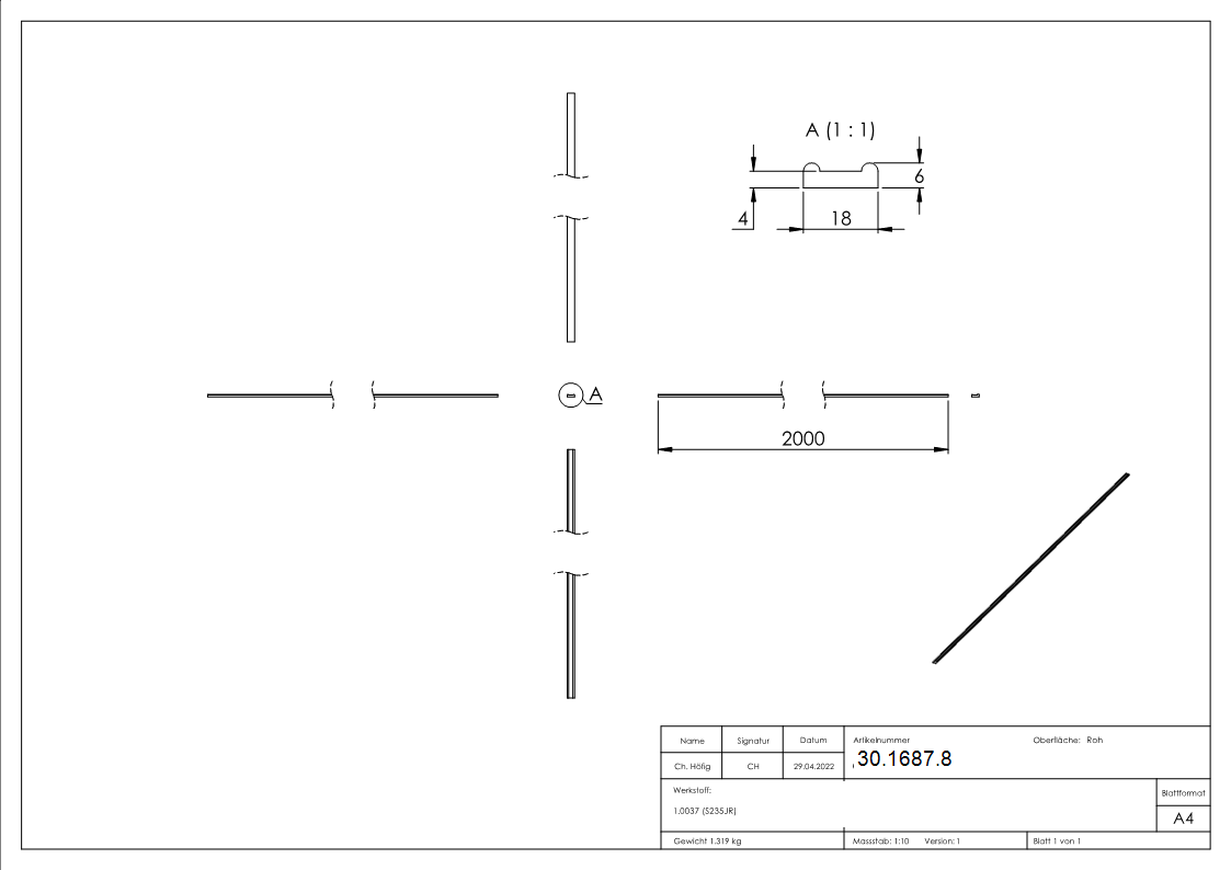 Bundmaterial | Maße: 18x6x4 mm | Länge: 2000 mm | Stahl S235JR, roh