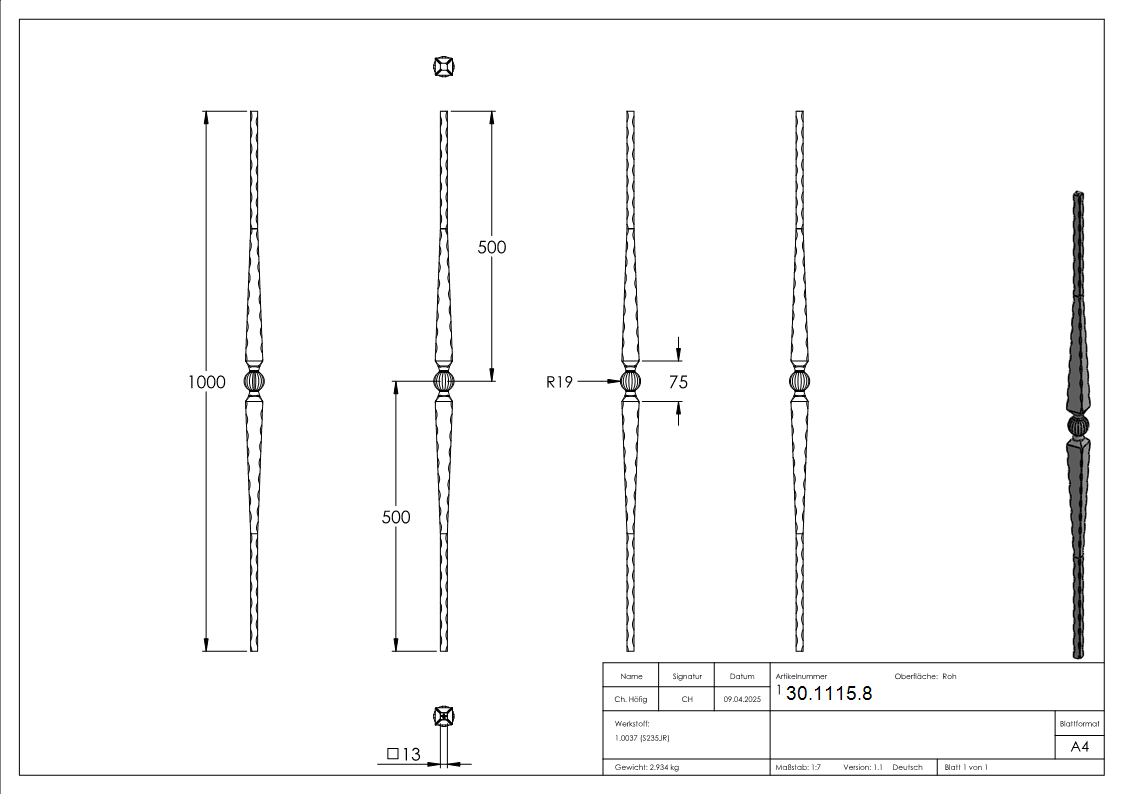 Zierstab - Laenge- 900 mm - Material- 13x13 mm gehaemmert - Stahl S235JR- roh-30-1115.8
