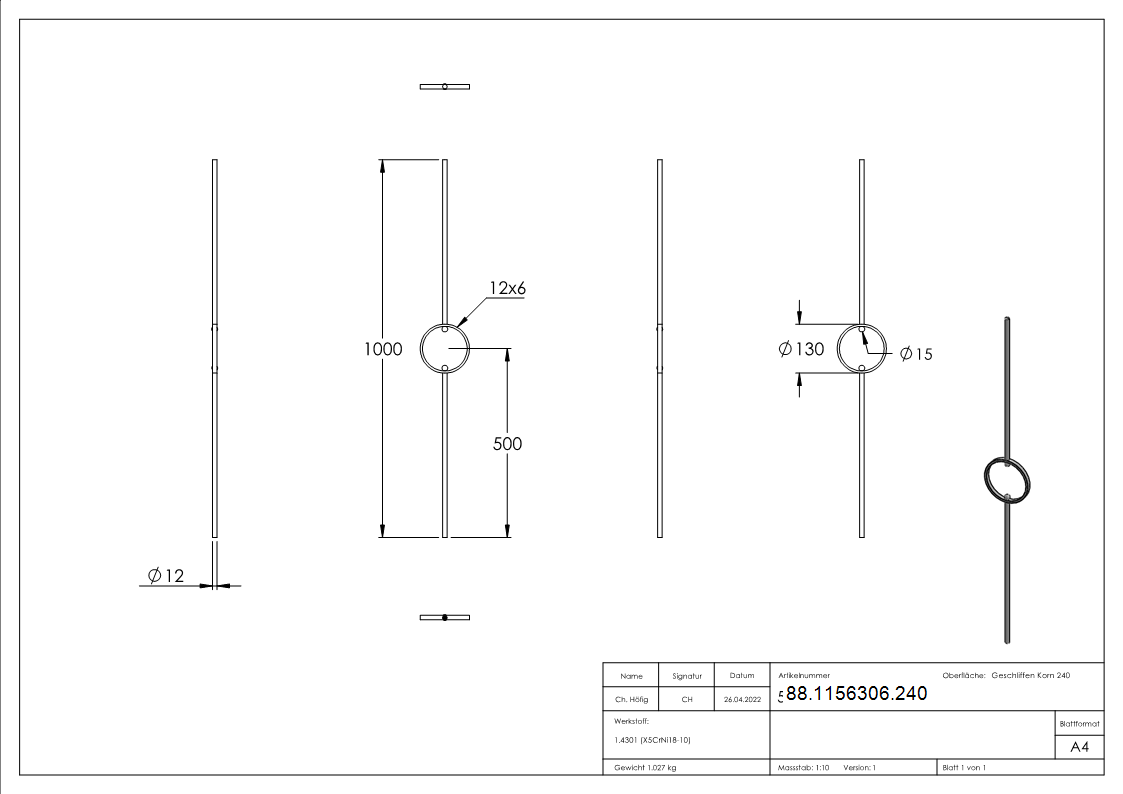 Designstab Edelstahl V2A Ø 12 mm L = 1000 mm geschliffen Korn 240-88-1156306.240