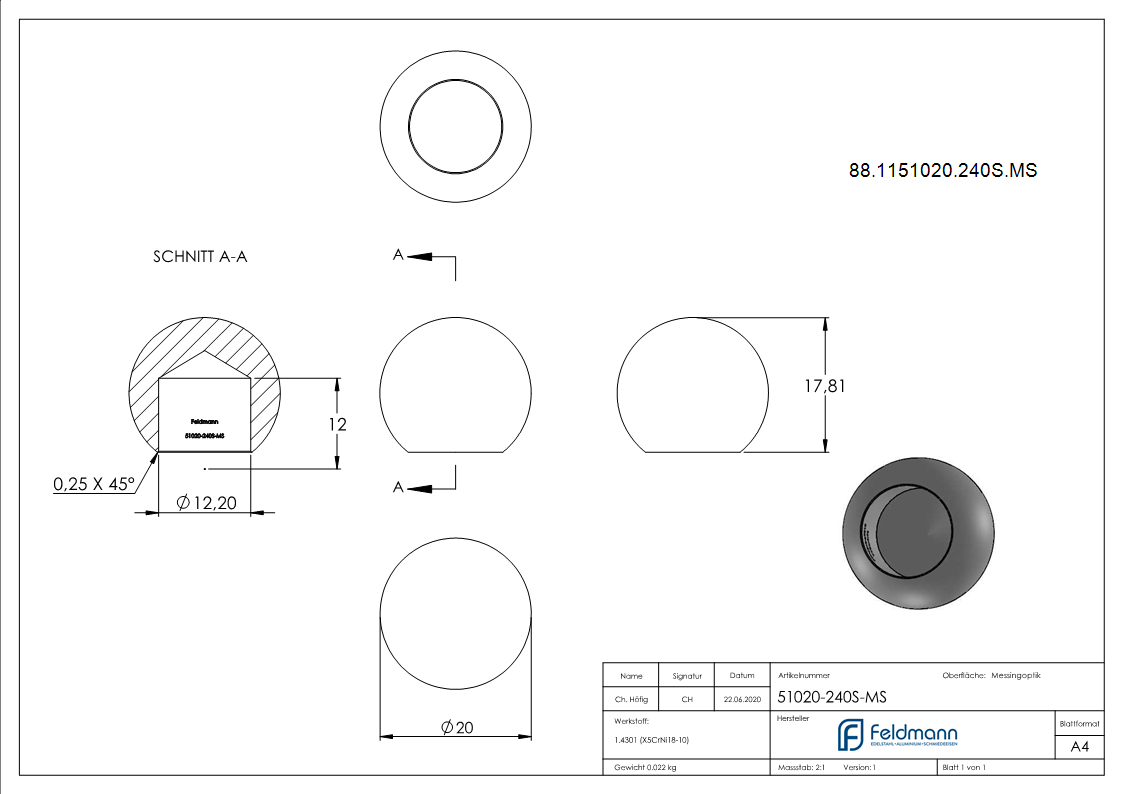 Messingkugel Ø 20mm mit Sackloch 12,2mm