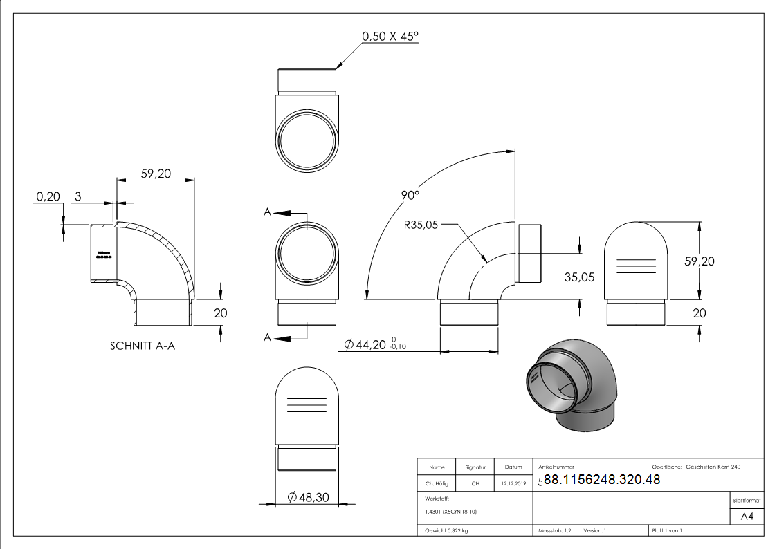 Rohrbogen 90° eng, für Rohr 48,3 x 2,0mm