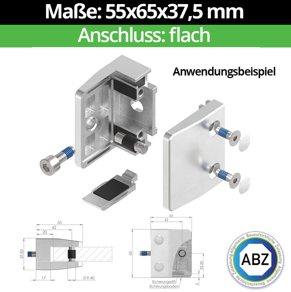 Glasklemme AbZ 55x65x37,5 mm  Flach, für 17,52 mm VSG Glas, Nein | Ohne Sicherungsstift, Nein | Ohne Sicherungsboden