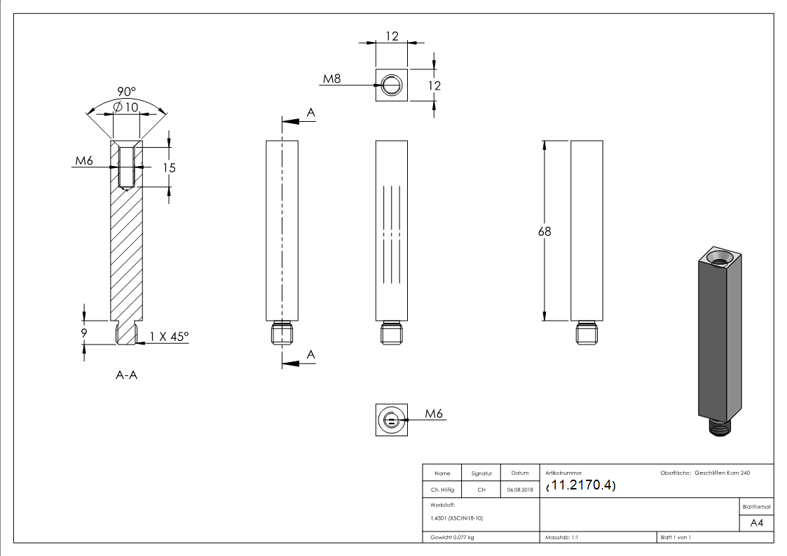 Vierkantstift | Maße: 68x12x12 mm | mit Außen - und Innengewinde | V2A