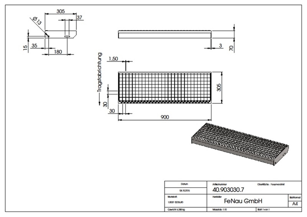 Gitterroststufe Treppenstufe | Maße: 900x305 mm 30/30 mm | S235JR (St37-2), im Vollbad feuerverzinkt