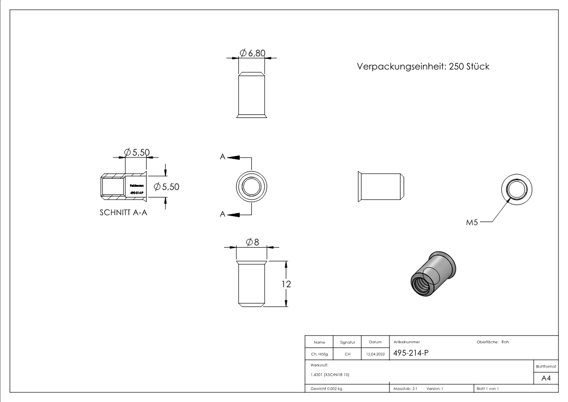 Blind-Einnietmutter, V2A, M5/Loch 7mm, VPE mit 250 Stück