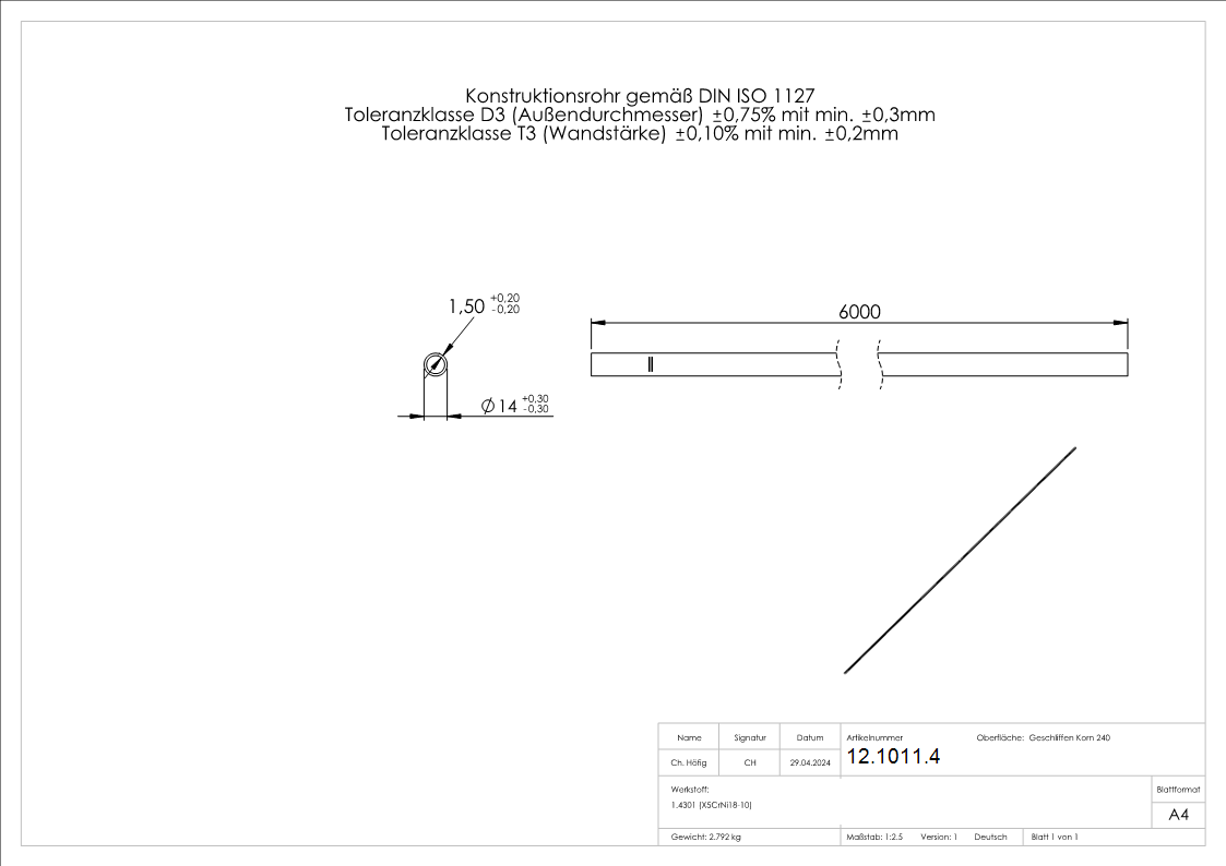 Rundrohr Ø 14,0 x 1,5 mm á 6 m Edelstahl