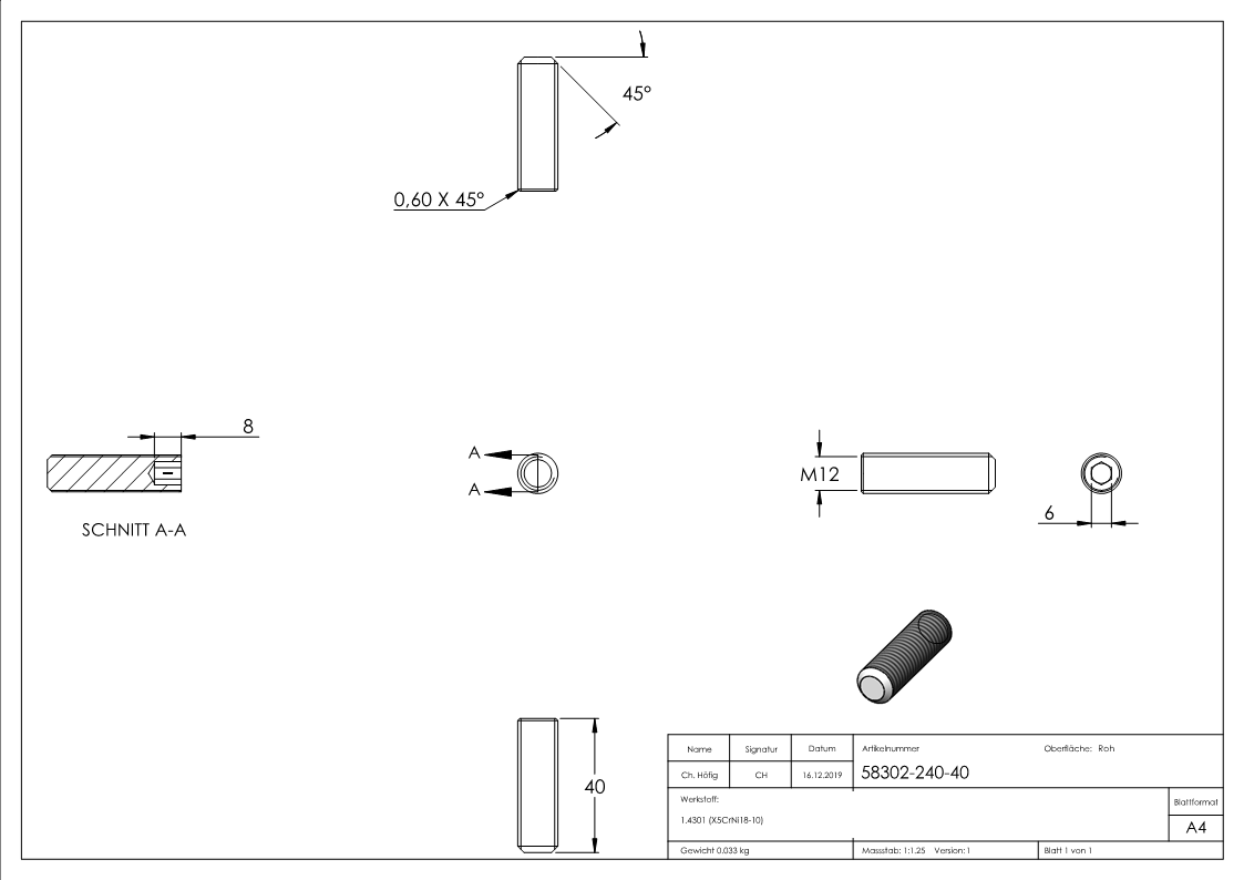Gewindestift M12 x 40, A2, DIN 913 / ISO 4026