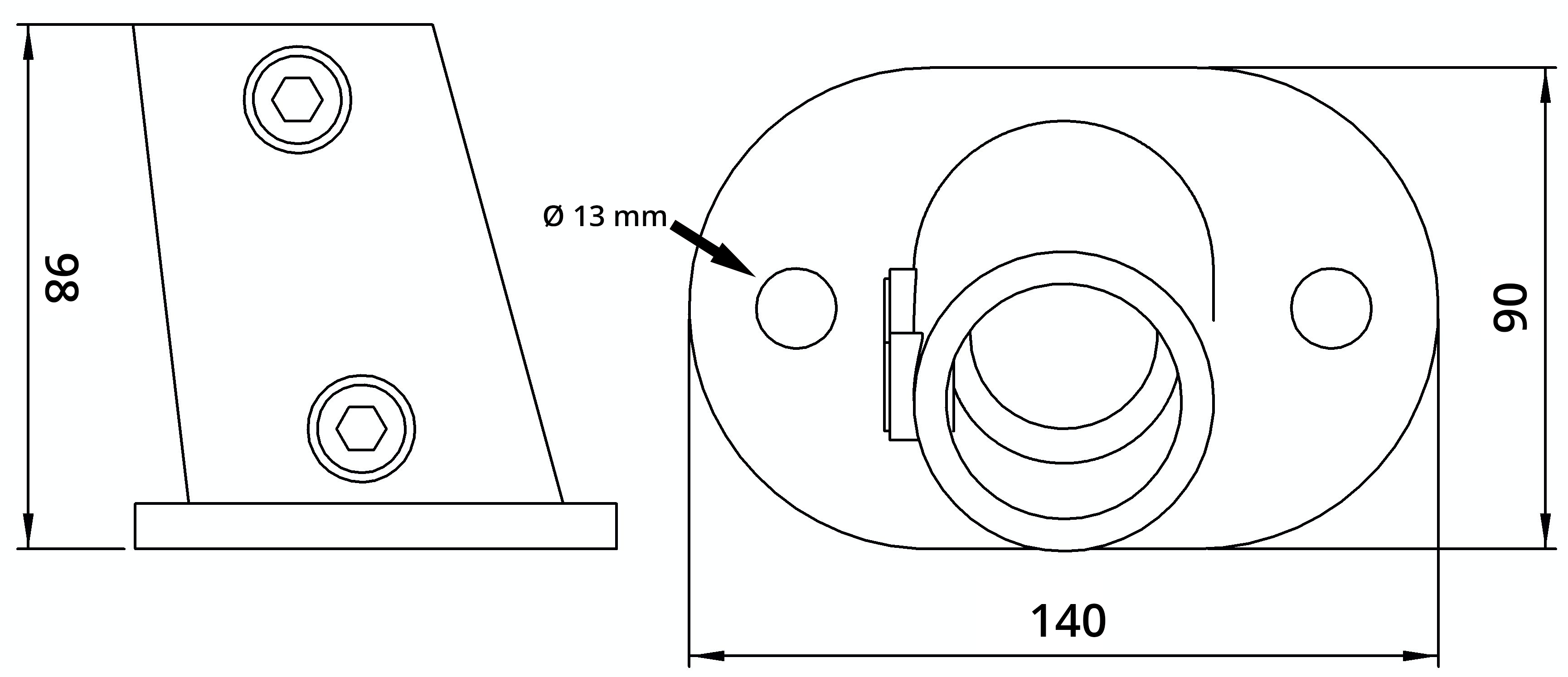 Rohrverbinder | Fußplatte oval 3-11° Neigung | 152C42 | 42,4 mm | 1 1/4" | Temperguss u. Elektrogalvanisiert