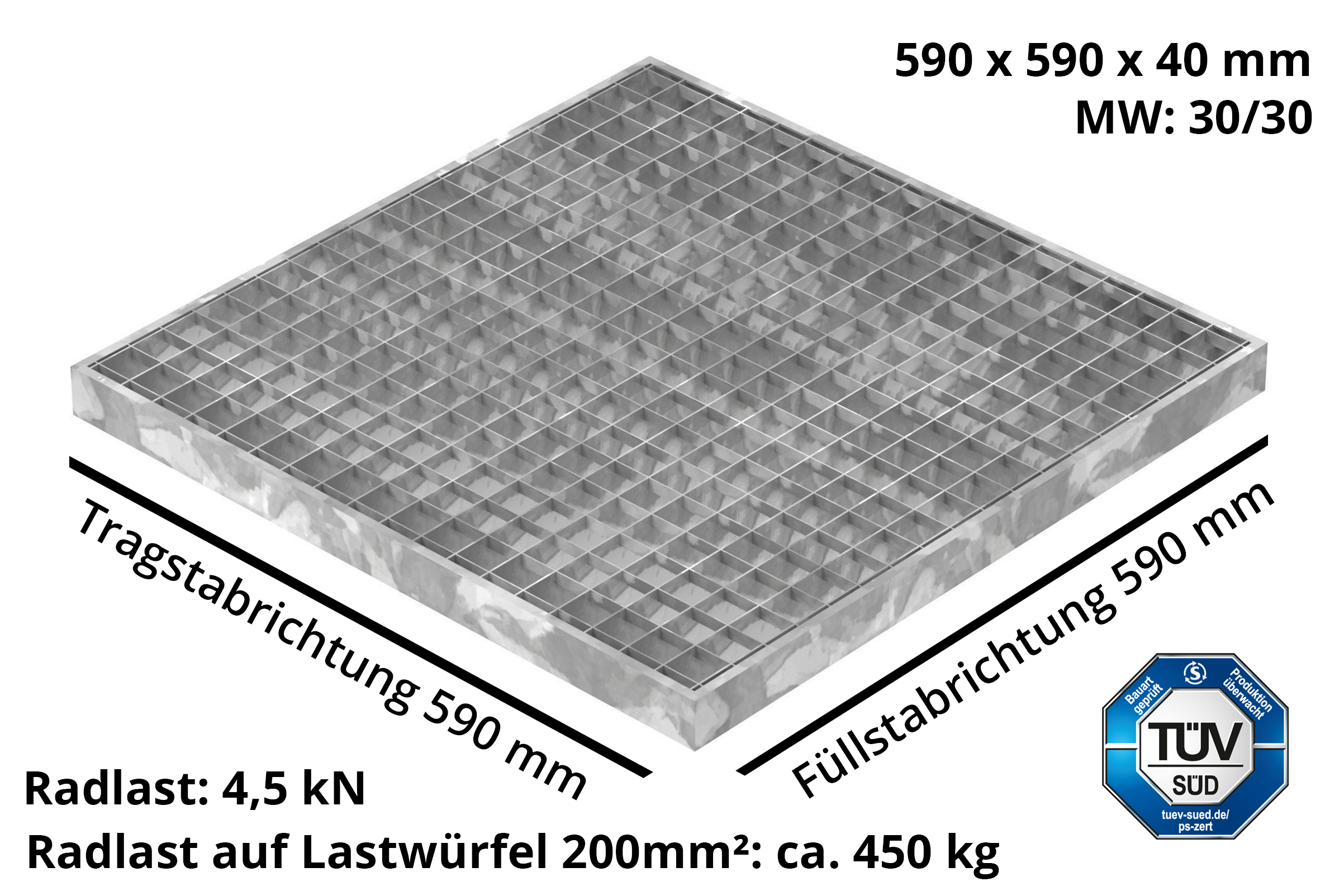 Garagen-Gitterrost - Masse-  590x590x40 mm 30-30 mm - aus S235JR -St37-2- im Vollbad feuerverzinkt-23-59593040.7