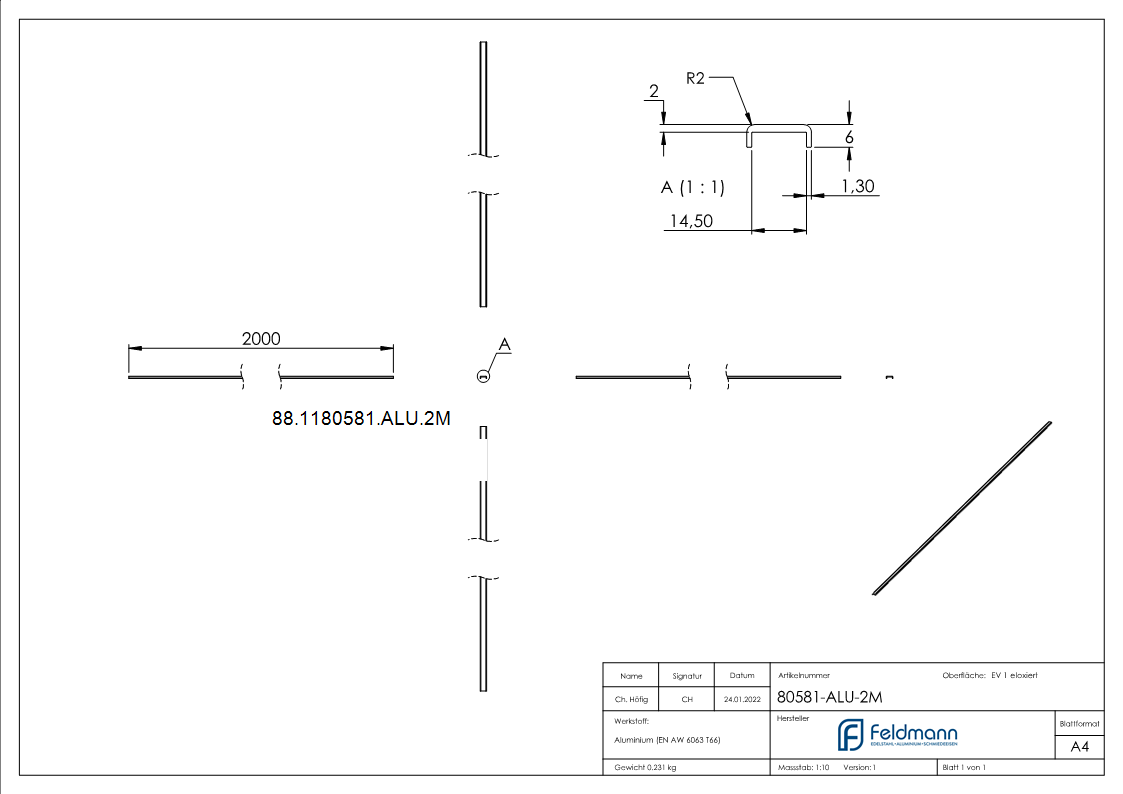 Kantenschutz EXTRA SLIM, für Glas 12,00 - 13,52mm, L=2m, Aluminium E4/EV1