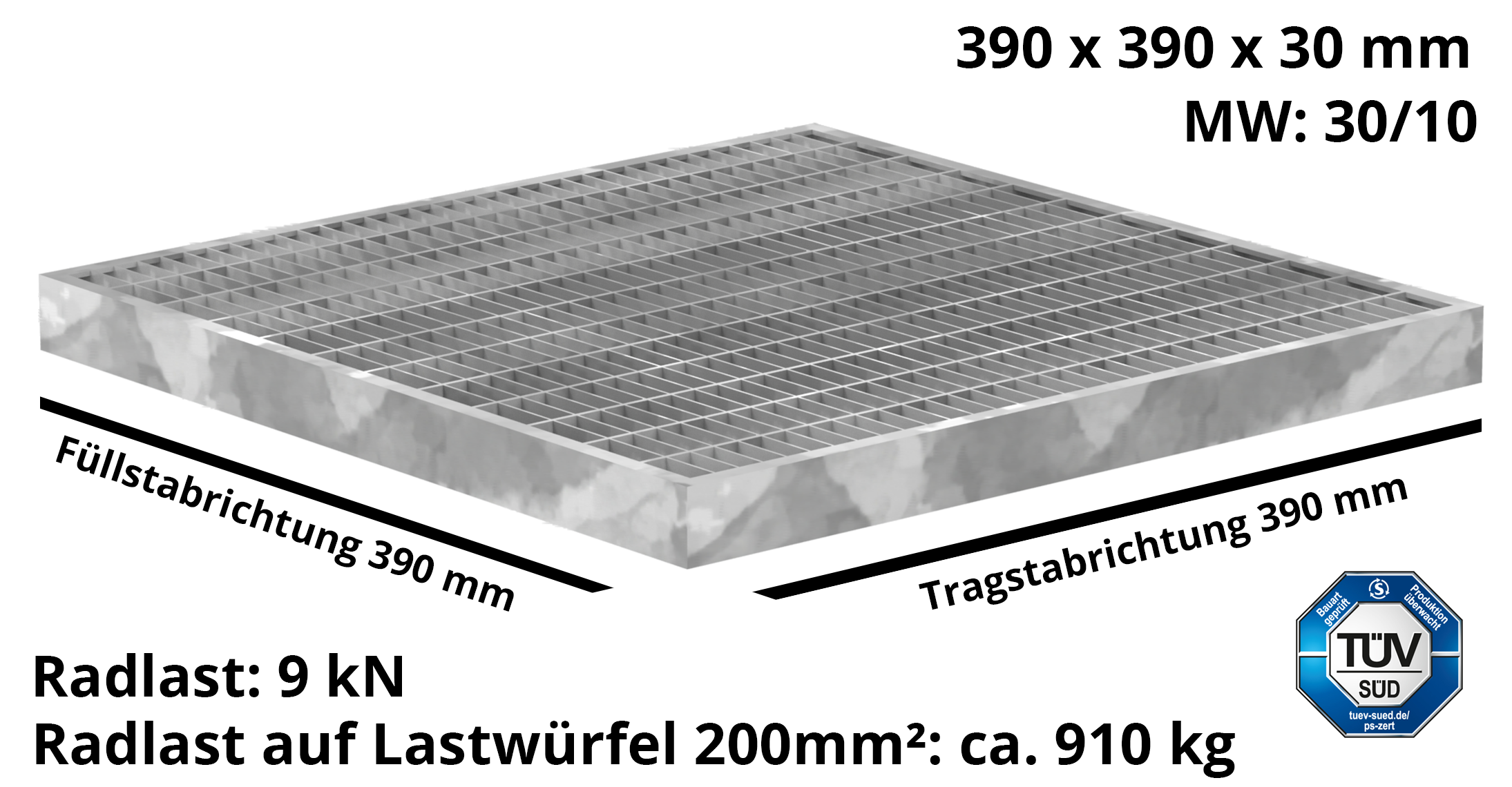 Garagen-Gitterrost | Maße:  390x390x30 mm 30/10 mm | aus S235JR (St37-2), im Vollbad feuerverzinkt