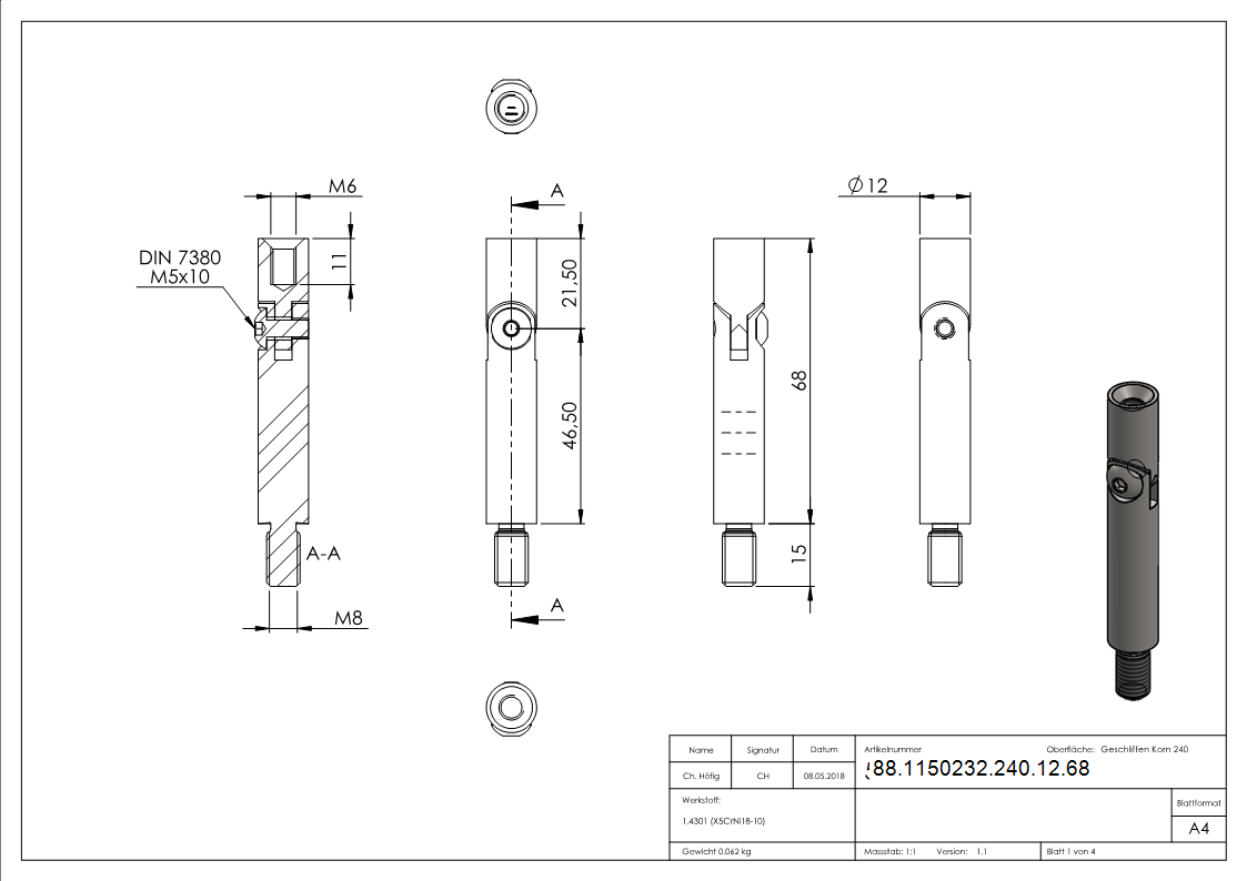Gelenkstift Ø 12mm, Länge: 68mm, V2A