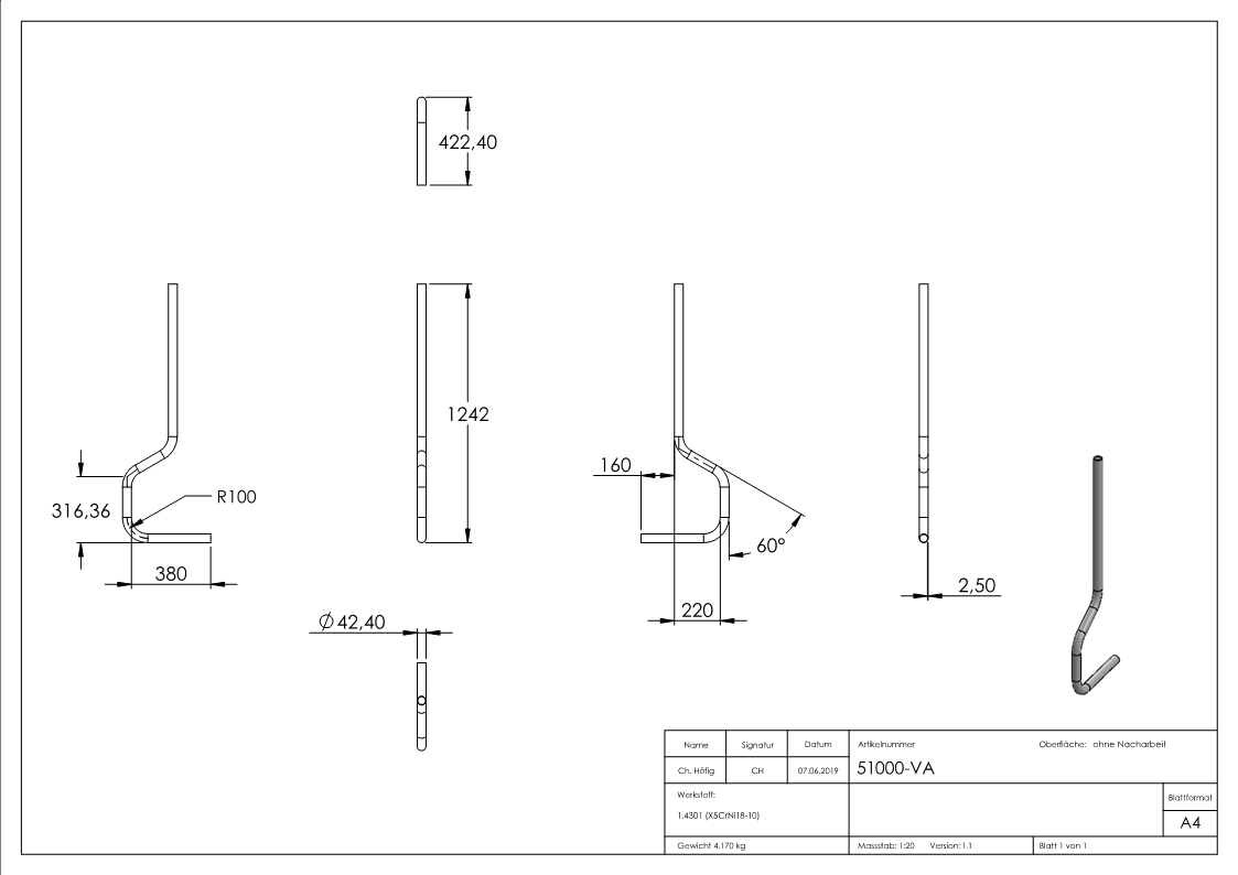 Pfosten gebogen, aus Rohr 42,4mm x 2,5mm, V2A