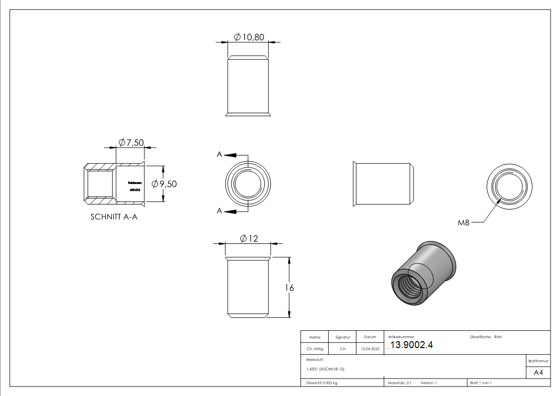 Blind-Einnietmutter M8 V2A-13-9002.4