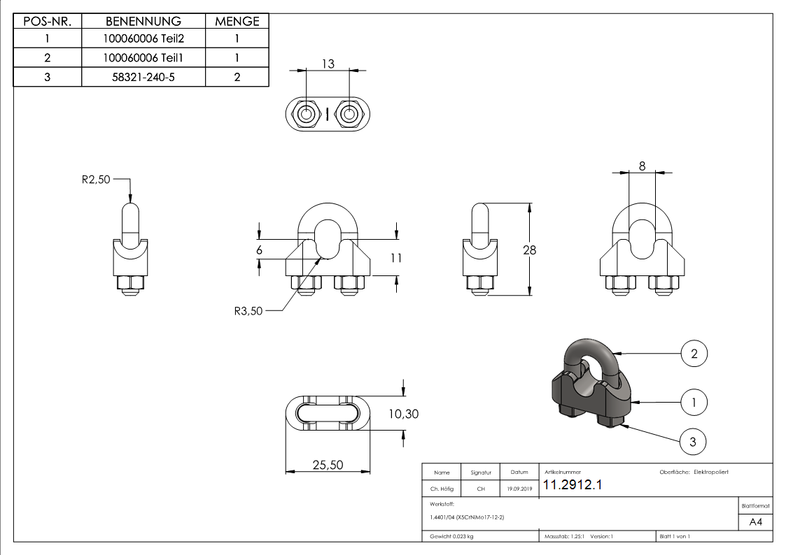 Drahtseilklemme | für Seil Ø: 6 mm | Gewinde: M5 | V4A
