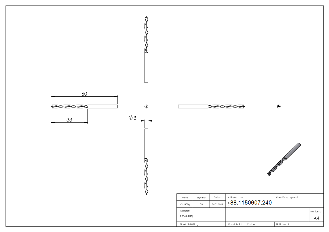 Holzspiralbohrer Ø 3 mm L 60 mm mit Zentrierspitze-88-1150607.240