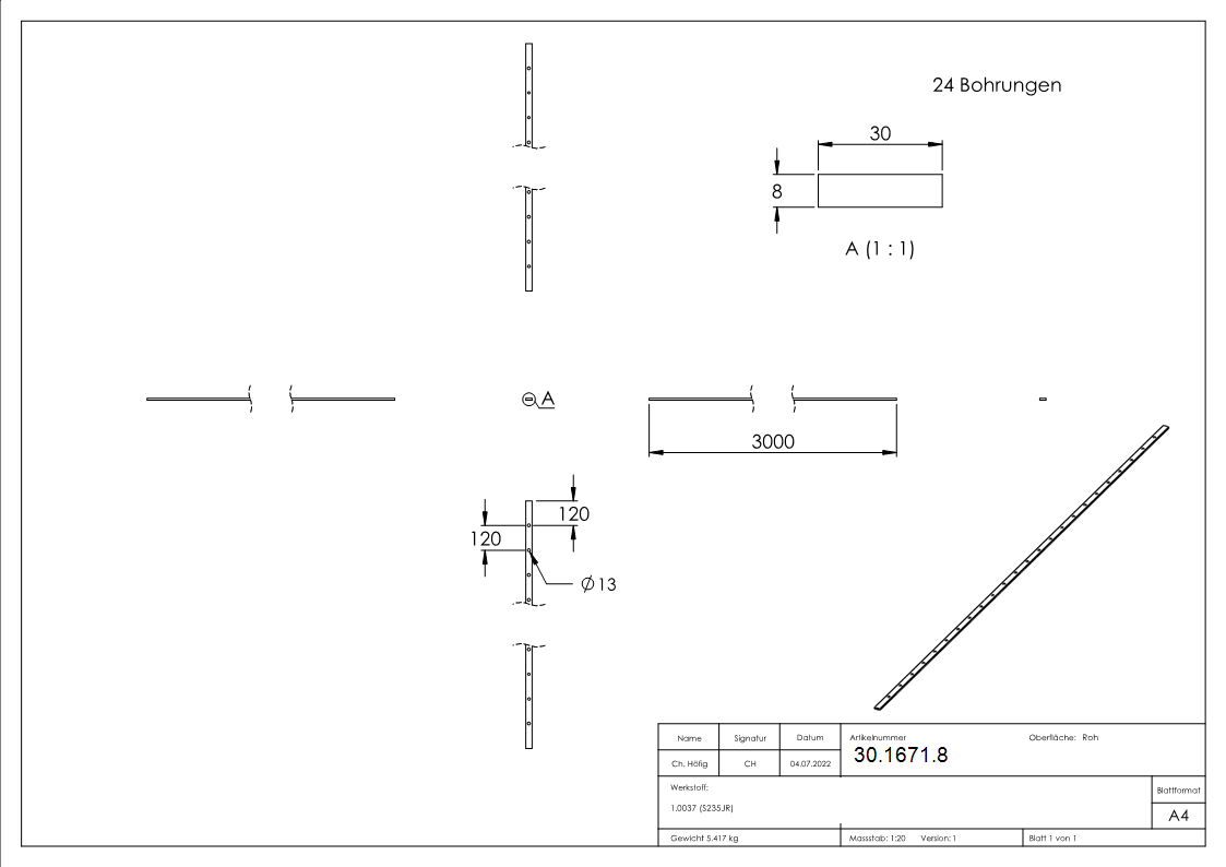 Flacheisen gelocht - Laenge- 3000 mm - 24 Lochungen - Stahl -Roh- S235JR-30-1671.8