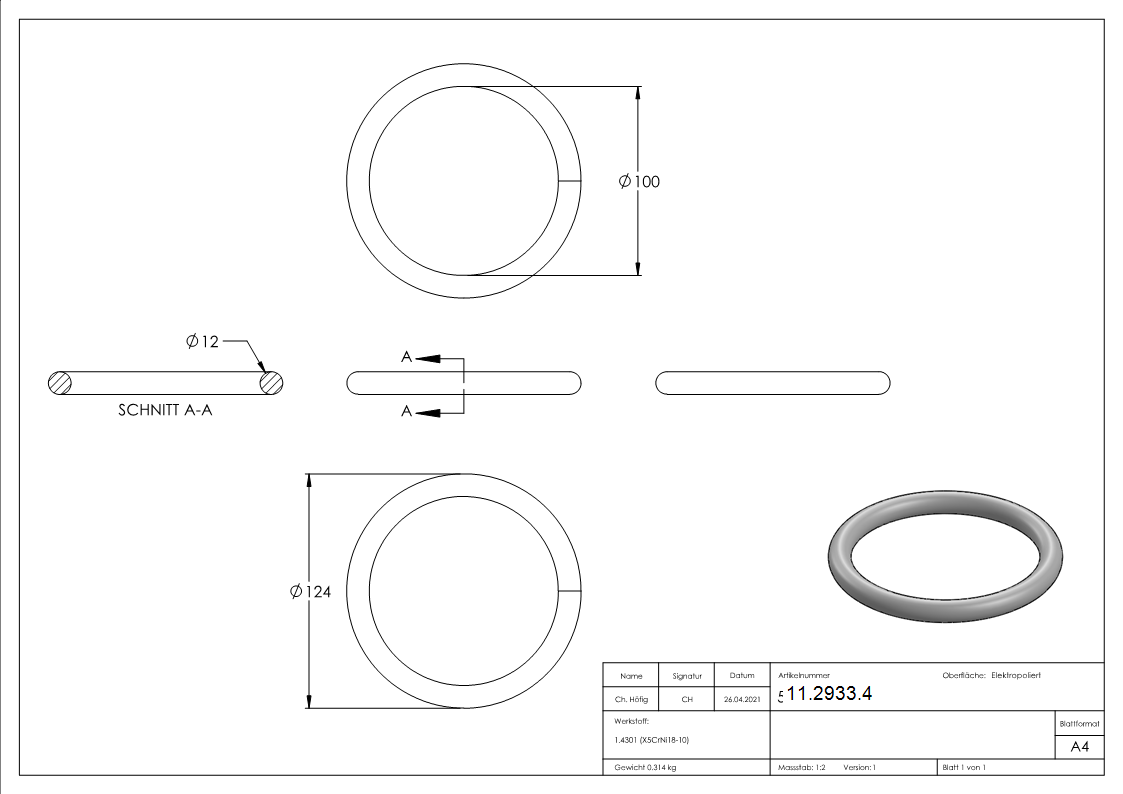 Ring | Außen-Ø: 124 mm | Materialstärke: 12 mm | V2A