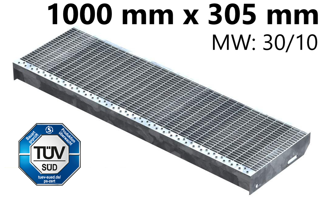 Gitterroststufe Treppenstufe Maße: 1000x305 mm 30/10 mm S235JR (St37-2), im Vollbad feuerverzinkt