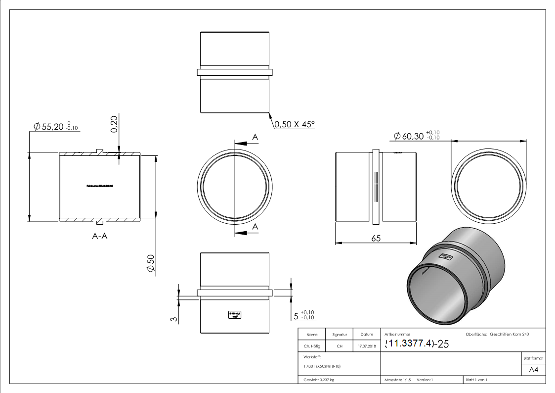 Verbinder für Rundrohr | Maße: Ø 60,3x2,5 mm | V2A