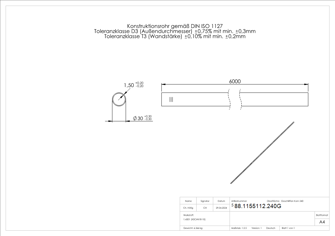 Edelstahlrohr 30 x 1-5mm- Laenge 6m- geglueht- geschliffen K240- V2A - 1-4301 Edelstahl-88-1155112.240G
