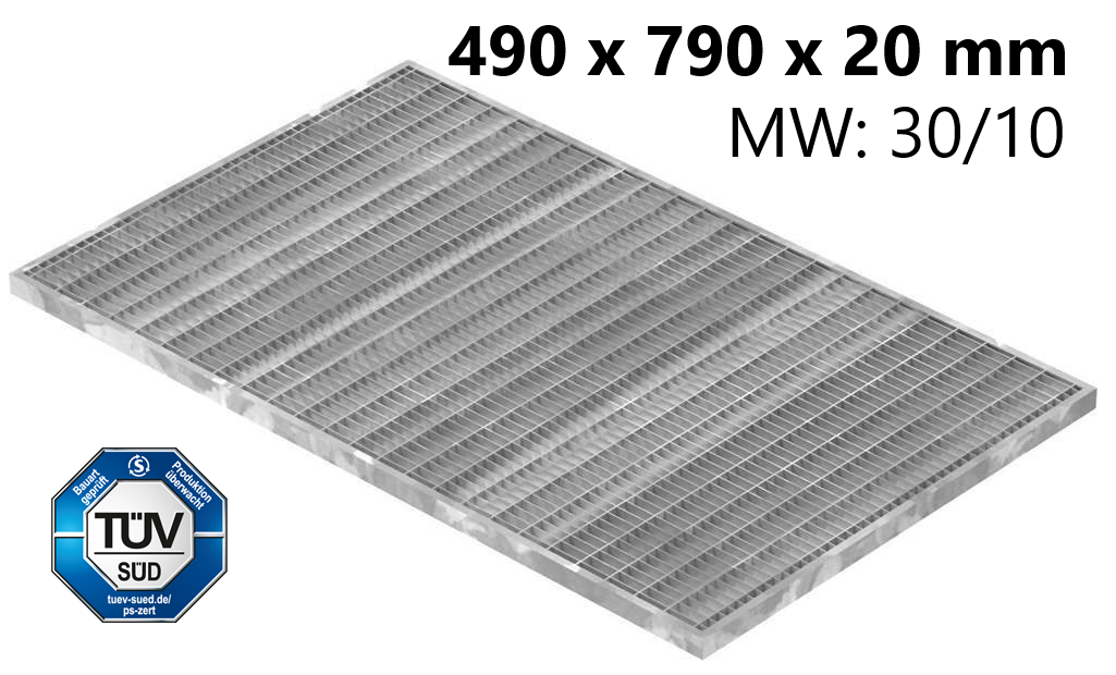 Lichtschachtrost Baunormrost | Maße:  490x790x20 mm 30/10 mm | aus S235JR (St37-2), im Vollbad feuerverzinkt