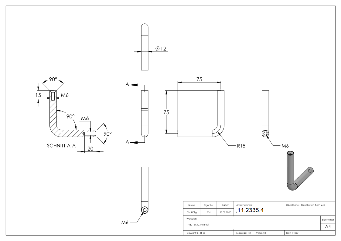 Bügel Ø 12 mm mit 2 x Innengewinde: M6 V2A