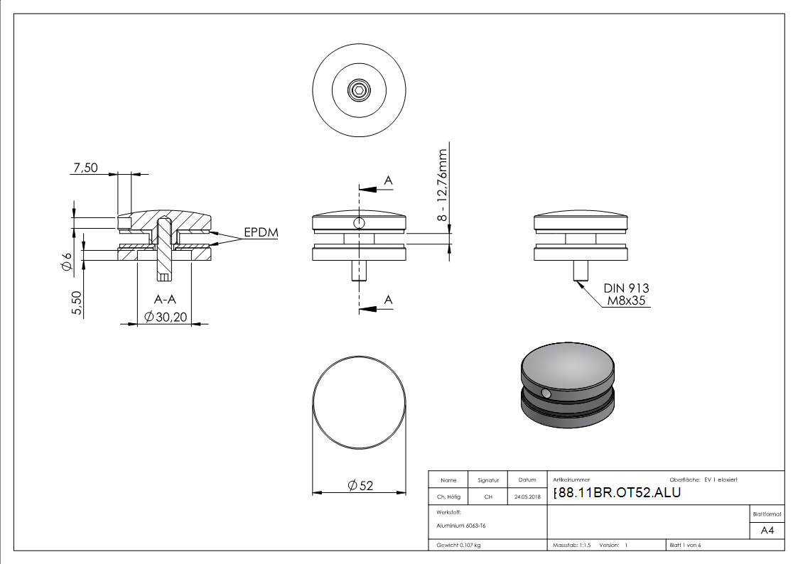 Ober- und Unterteil Ø 52mm zu BRENK-fix®-Halter, ALU