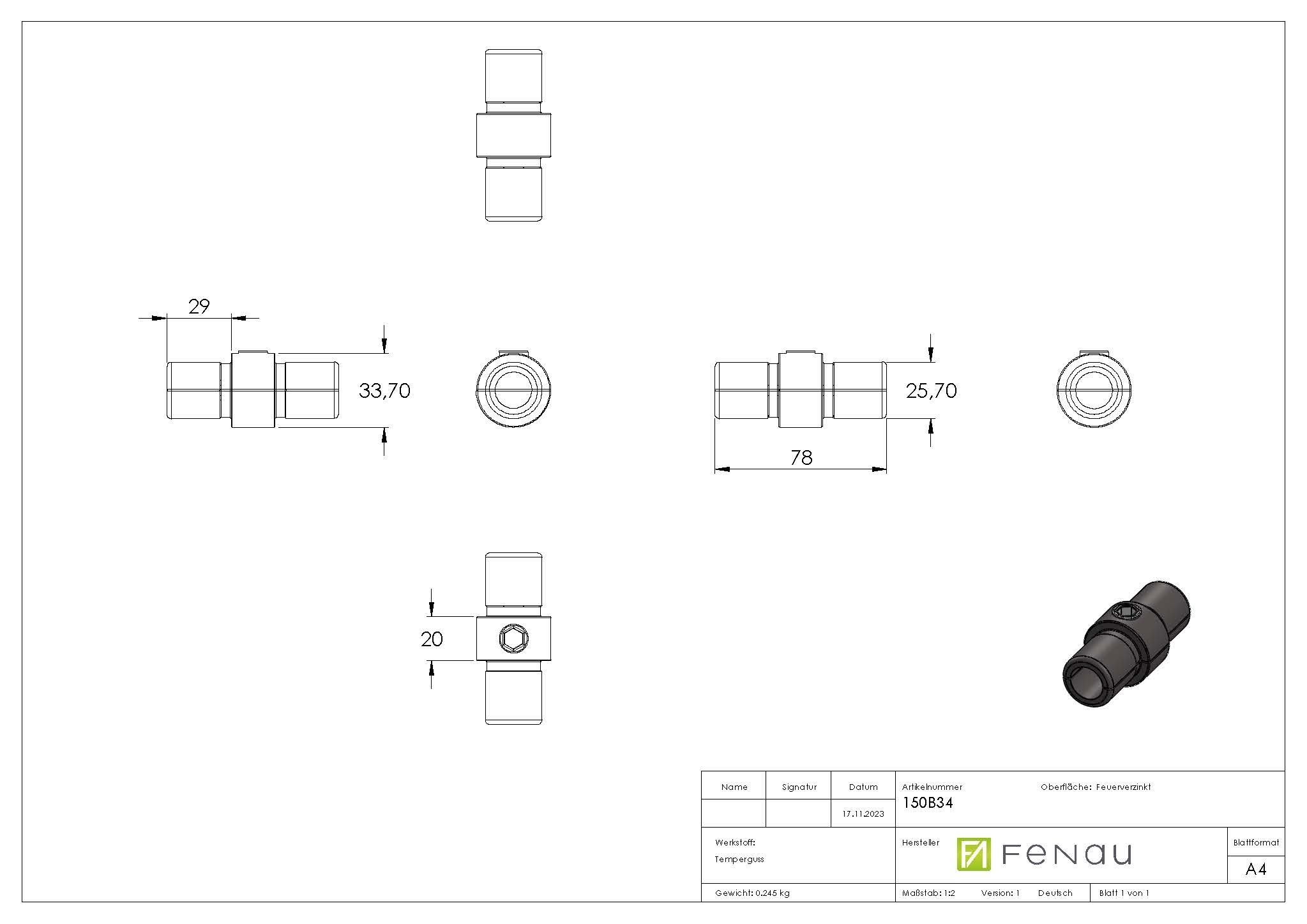 Rohrverbinder | Verbindungsstück innen | 150B34 | 33,7 mm | 1" | Feuerverzinkt u. Elektrogalvanisiert