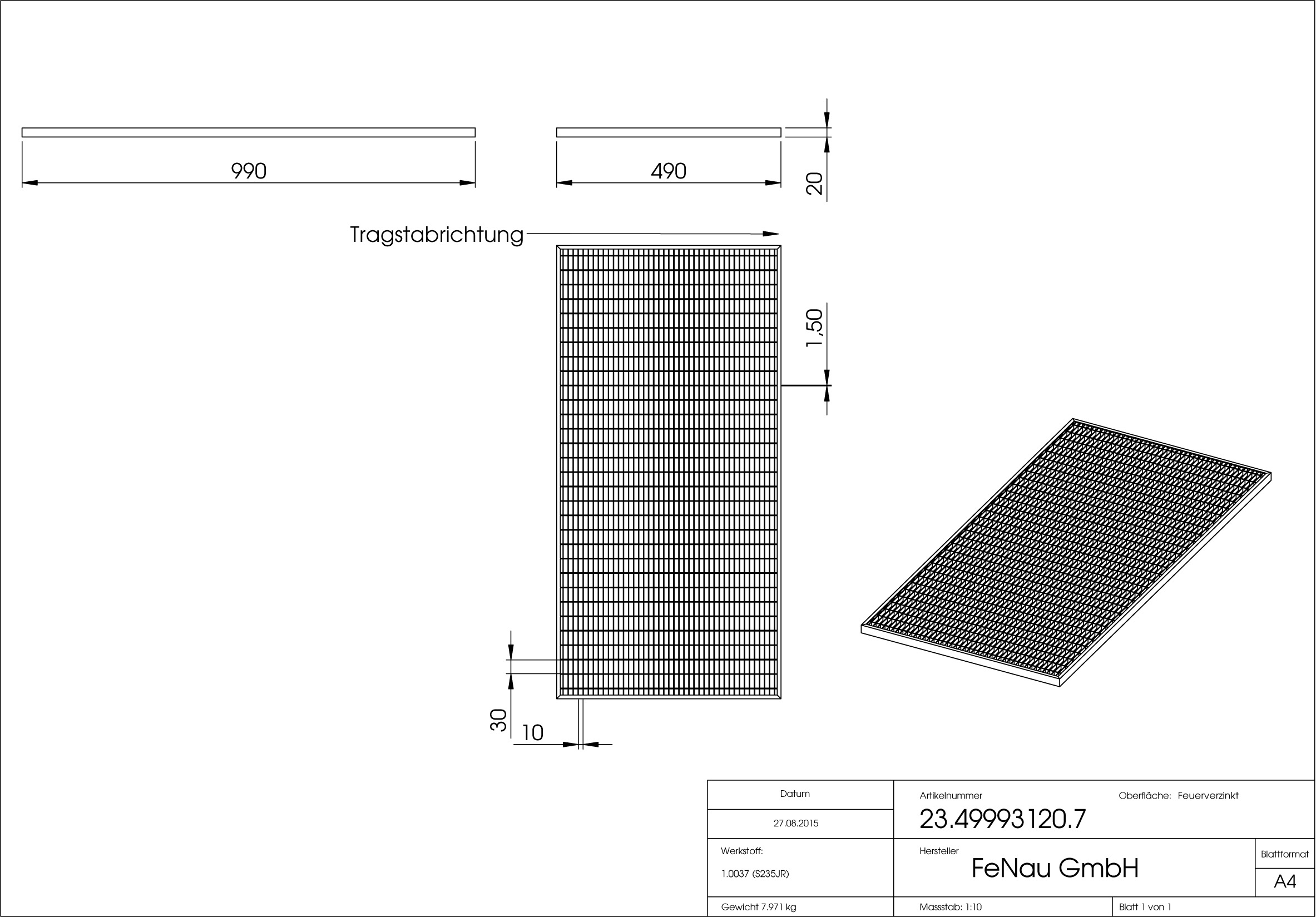 Lichtschachtrost Baunormrost | Maße:  490x990x20 mm 30/10 mm | aus S235JR (St37-2), im Vollbad feuerverzinkt